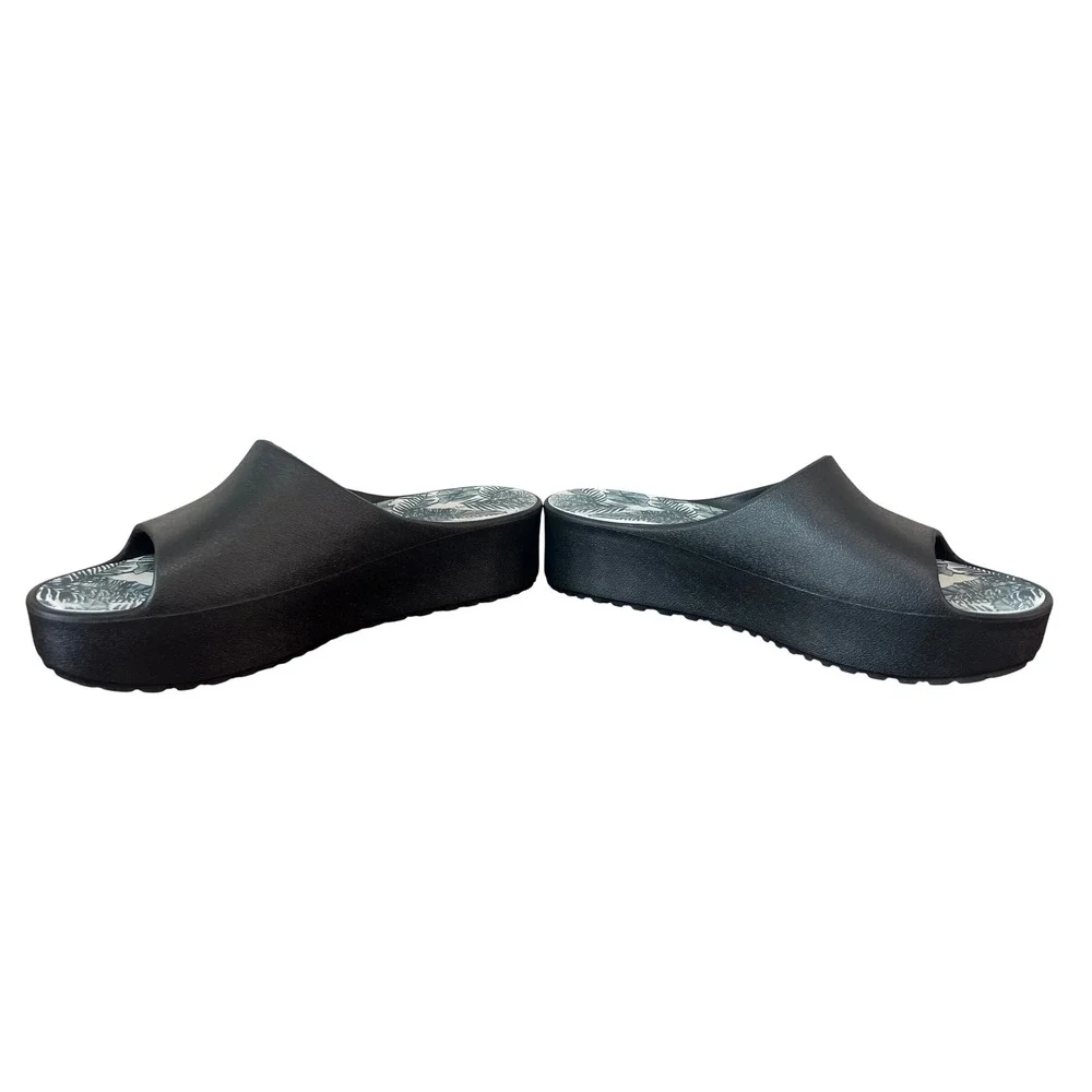 Baretraps Womens Black Platform Slide Sandals Tropical Leaf Print Size 10